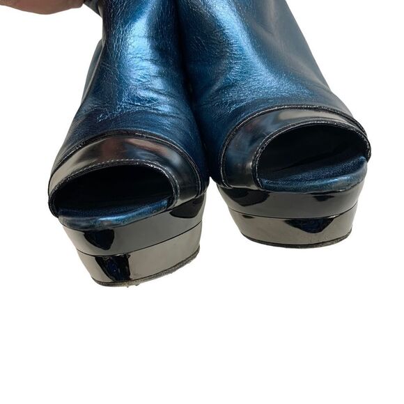 Devi Kroell Blue Silver Metallic Leather Peep Toe Platform Booties 37 / 7 - Picture 10 of 12